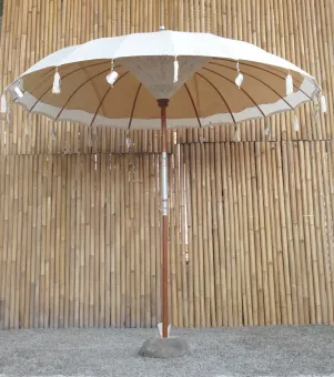Bali umbrella, creme with metal coins and silver hearts hanging around the edge, ø 230 cm and 250cm height 